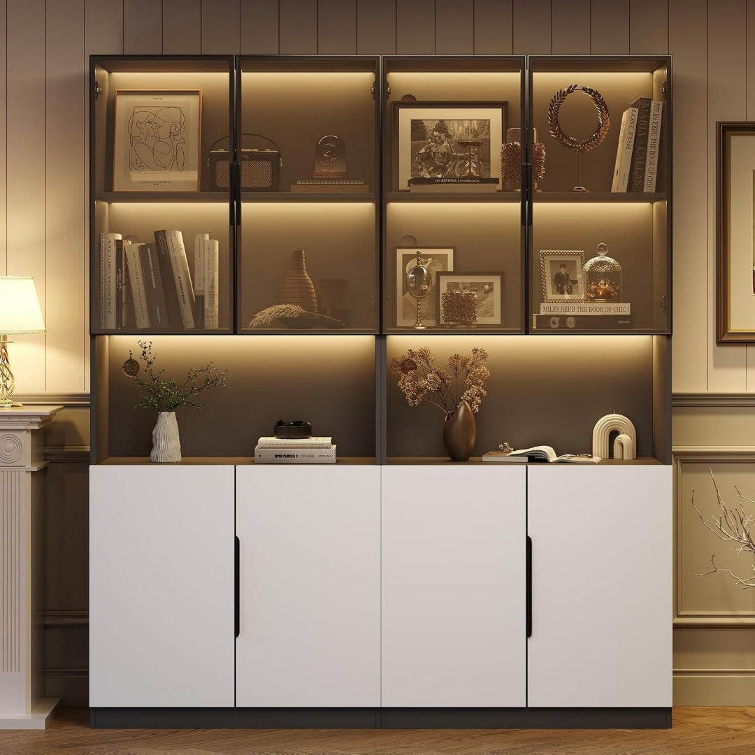 Libreria Vetrina moderna minimalista con ante in vetro, luci a LED, libreria per ogg