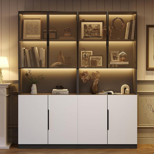 Libreria Vetrina moderna minimalista con ante in vetro, luci a LED, libreria per ogg